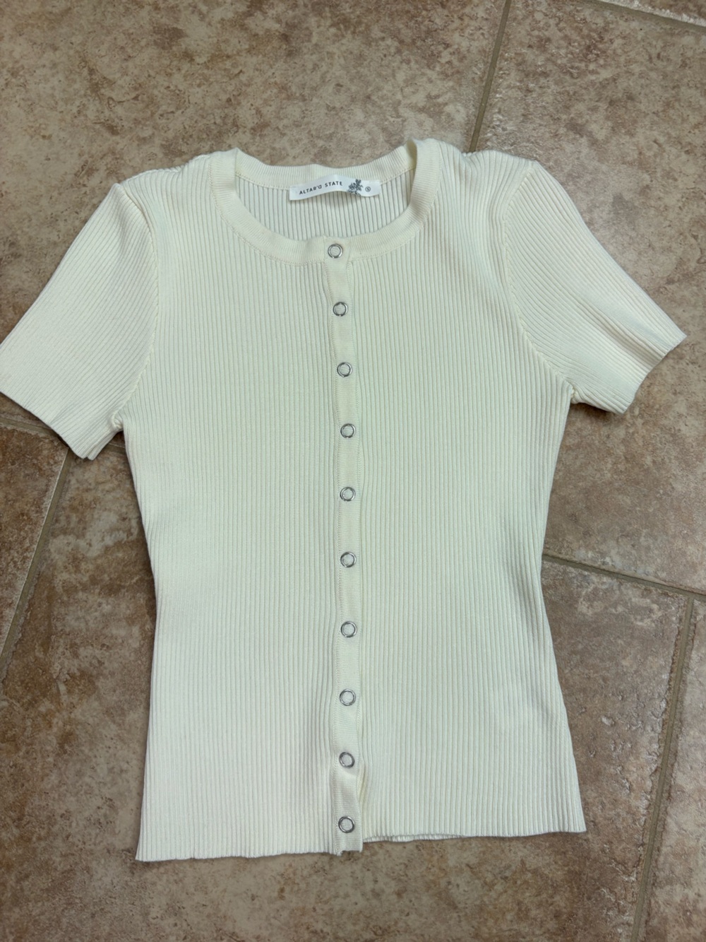 Altar'd State Cream Ribbed Snap-Front Short Sleeve Sweater